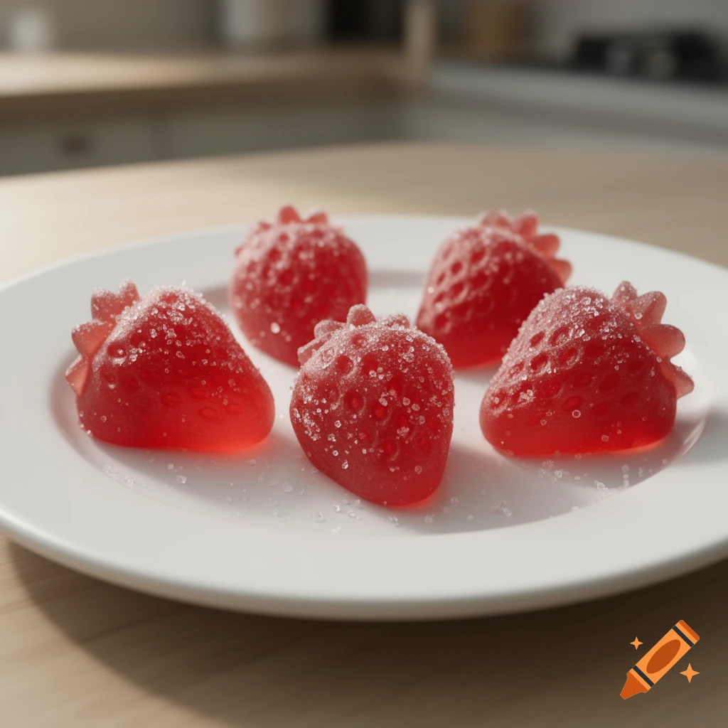 Photorealistic image of five strawberry-shaped gummy candies coated in sugar, arranged on a white plate on a wooden table.