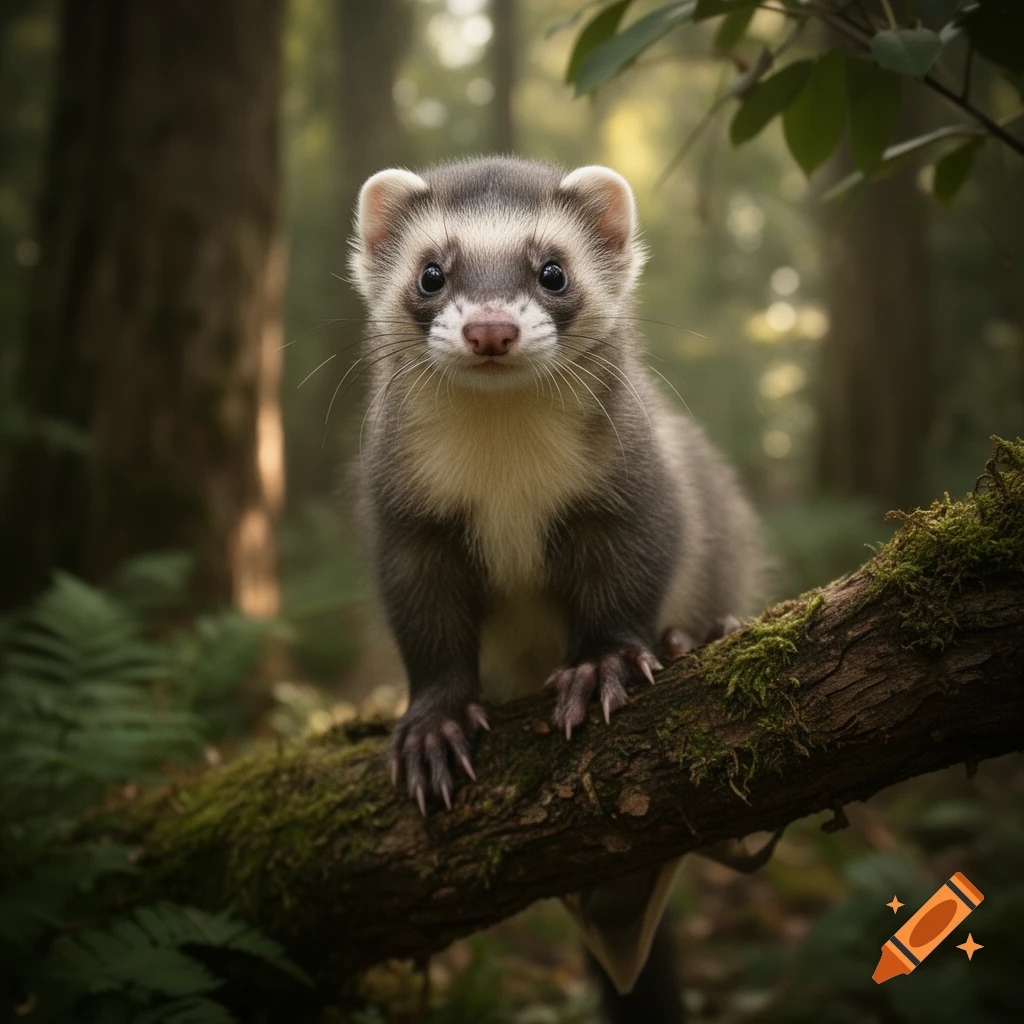 Photorealistic image of a hybrid creature combining features of a ferret and a sugar glider, perched on a mossy branch in a forest.