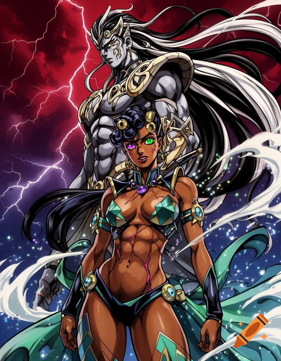 Anime style illustration of a dark-skinned female warrior with heterochromia and abs, accompanied by a powerful male spirit with long hair.
