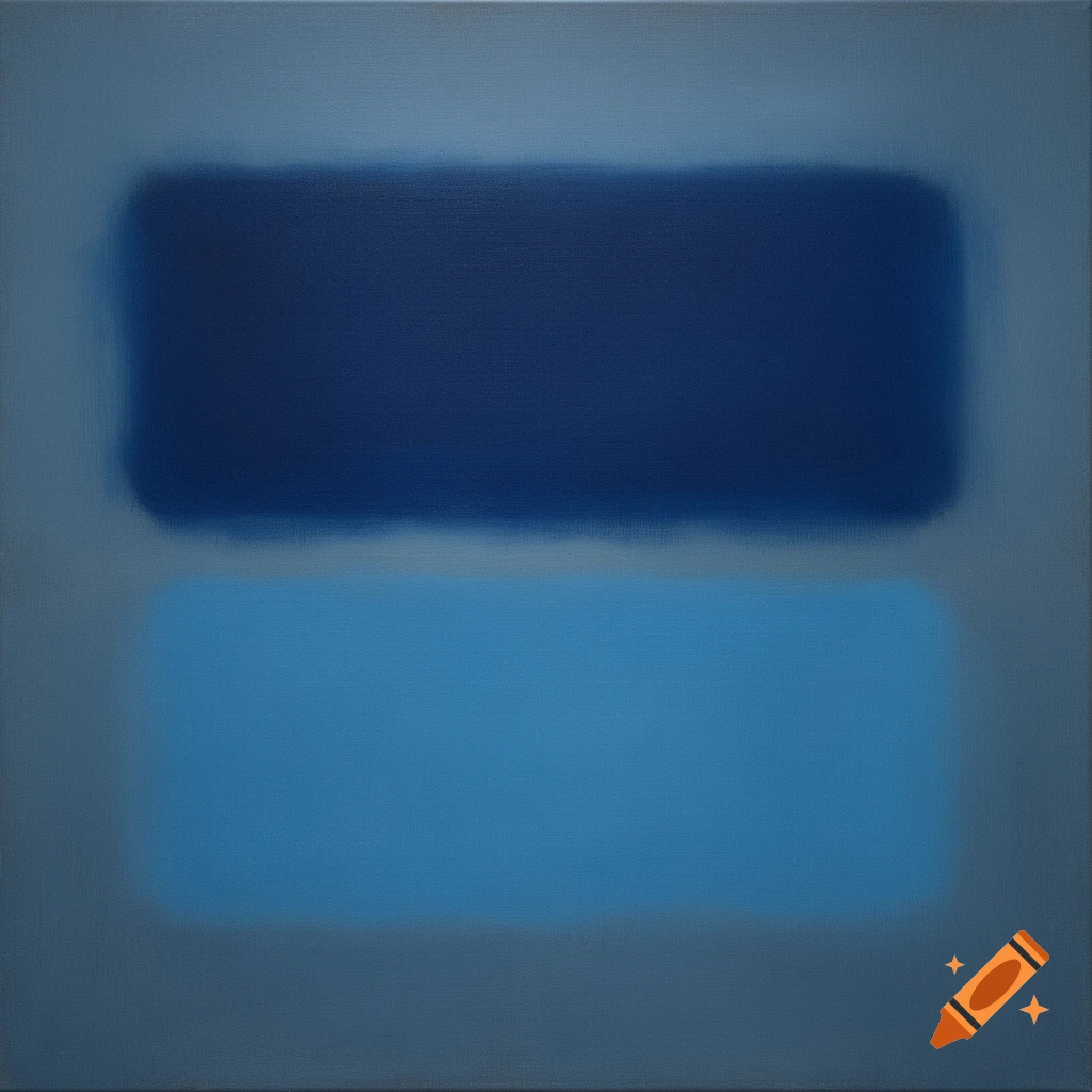 Rothko-style abstract painting featuring a dark blue rectangle over a lighter blue rectangle against a muted blue-gray background.