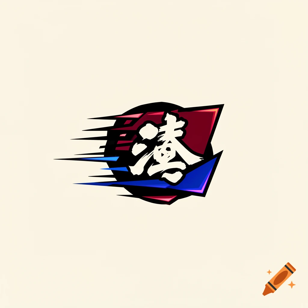 A stylized Japanese character logo design with dynamic speed lines in red, blue, and black against a light cream background.