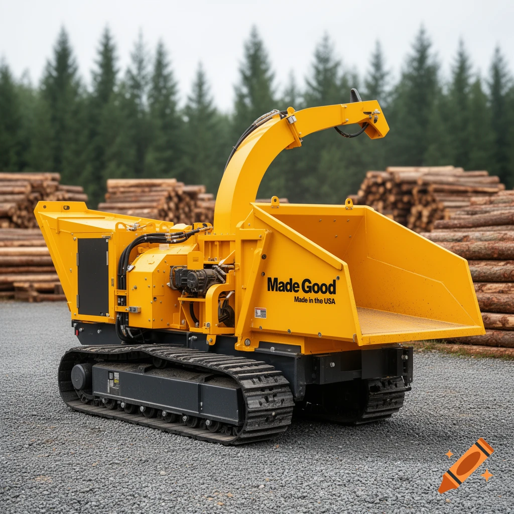 Photorealistic image of a large yellow commercial wood chipper with 'Made Good' and 'Made in the USA' branding on gravel.