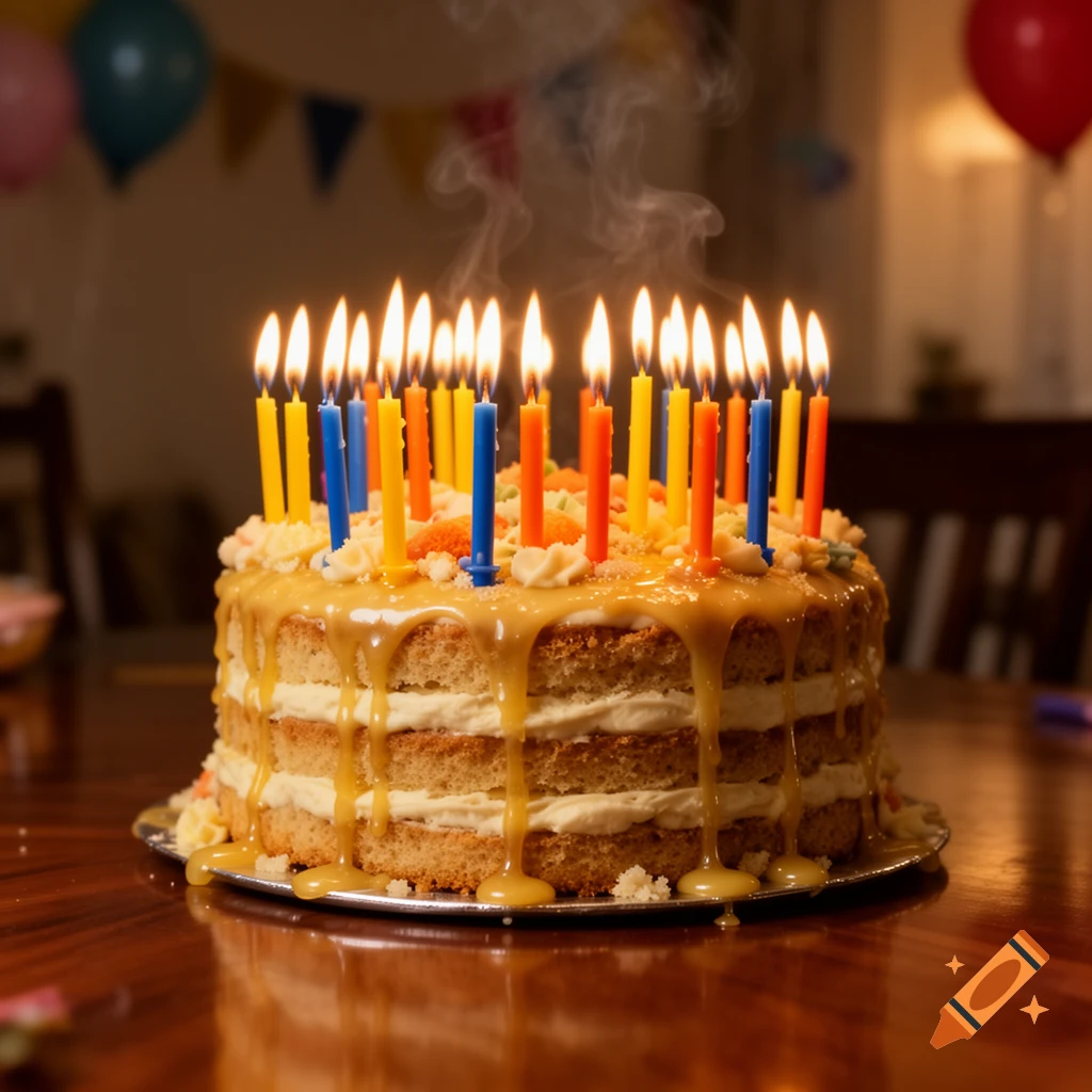 A multi-layered birthday cake with caramel drip and numerous glowing candles emitting smoke on a wooden table.