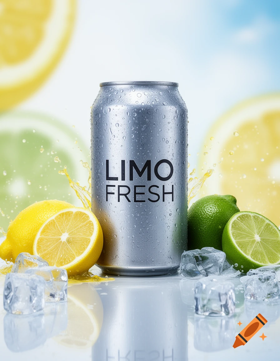 Photorealistic product shot of a Limo Fresh beverage can surrounded by fresh lemons, limes, ice cubes, and water splashes.