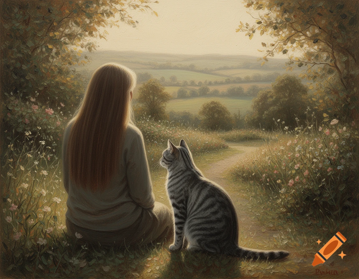 Oil painting from behind of an older woman with long brown hair sitting on a path next to a tabby cat, looking out at a rolling green landscape.