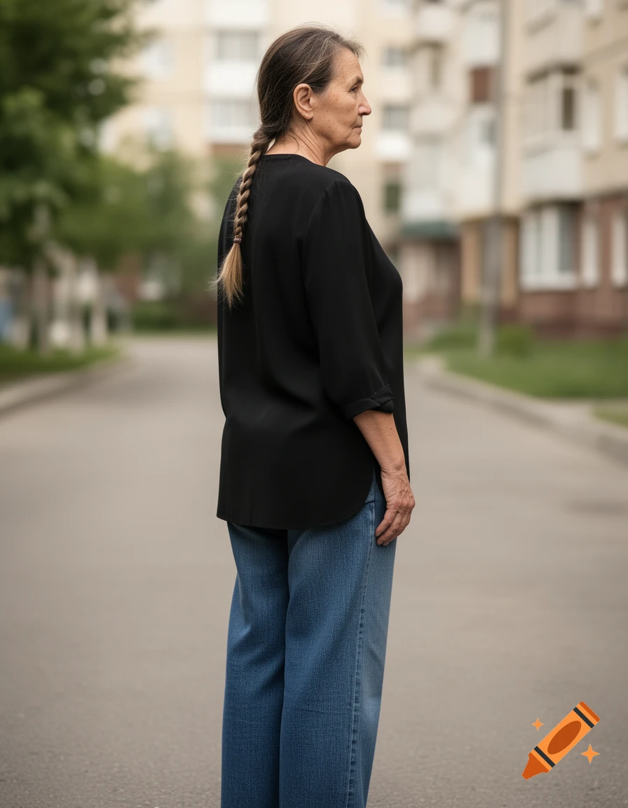Side view from behind of a 50-year-old woman with braided dark blond hair, wearing a black blouse and blue jeans on a street.