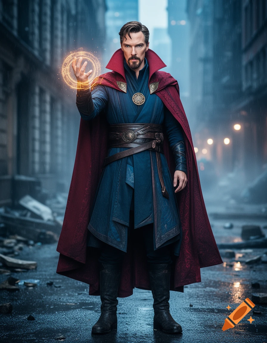 Cinematic full body photo of Doctor Strange in uniform casting magic in a rainy city street.