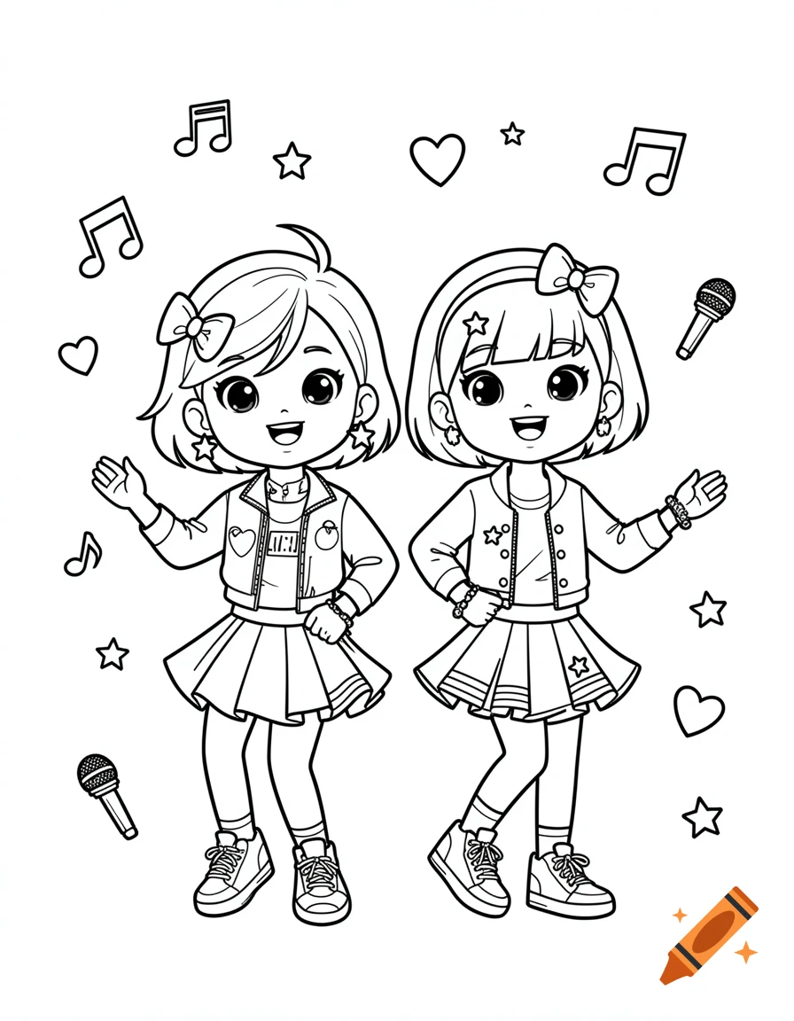 Black and white coloring page of two cute girls in K-pop style outfits with microphones and musical notes.
