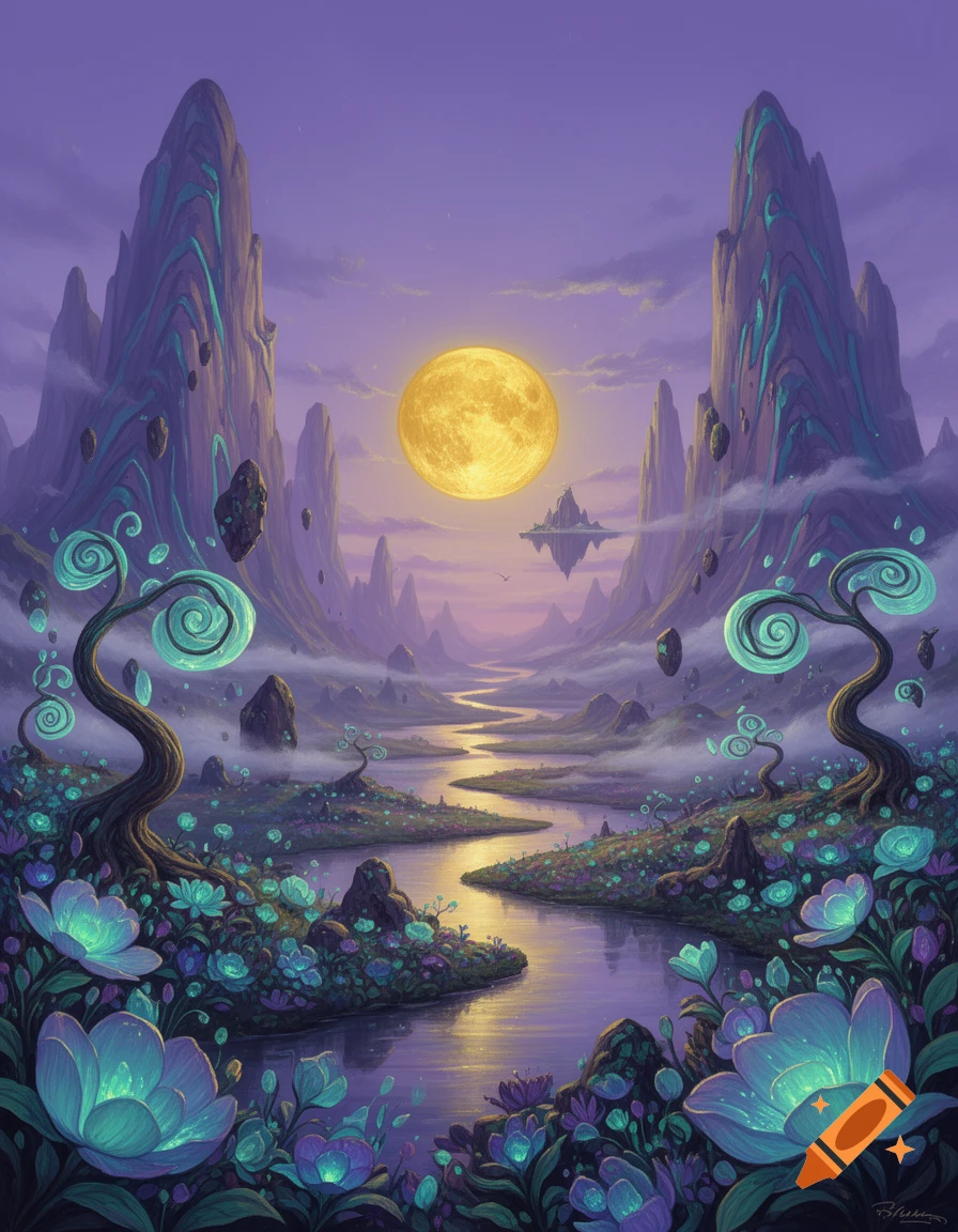Surreal landscape with a glowing full moon, floating islands, towering crystal mountains, and a winding river amidst surreal blue flora, fantasy art style.