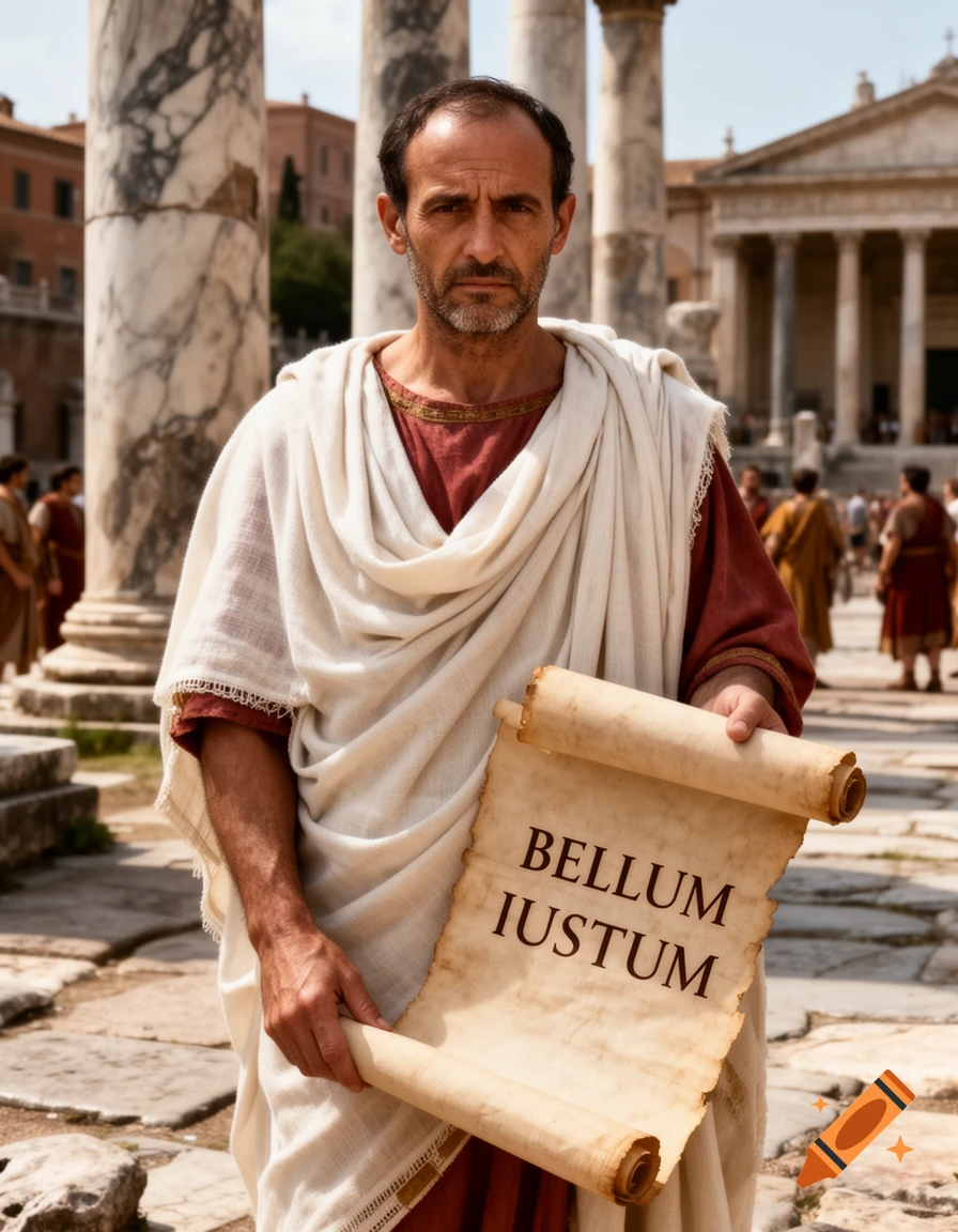 Photorealistic portrait of a Roman man holding a scroll with the text 'BELLUM IUSTUM' in front of ancient ruins.
