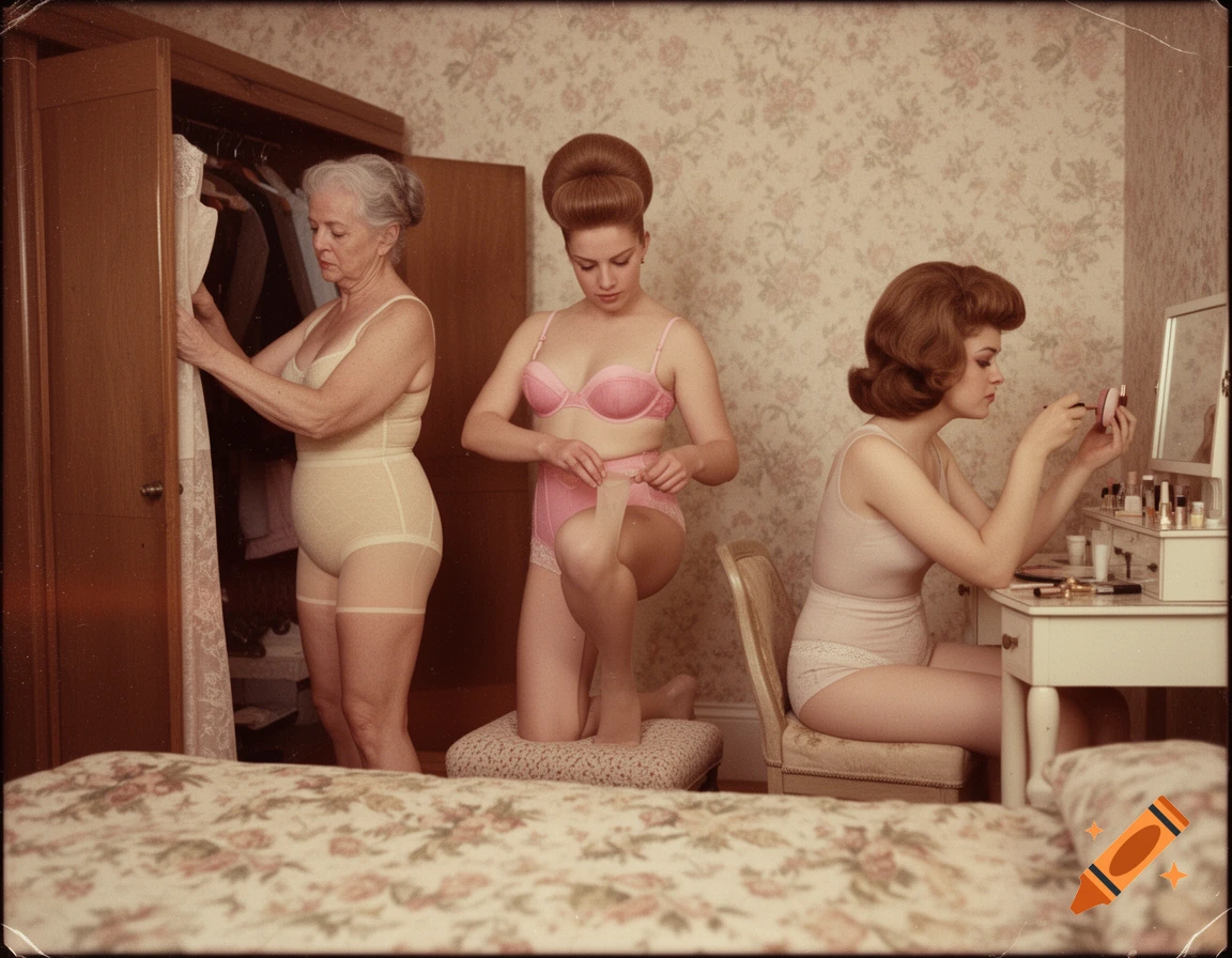 Vintage 1960s photograph of three women in a bedroom getting dressed and applying makeup.