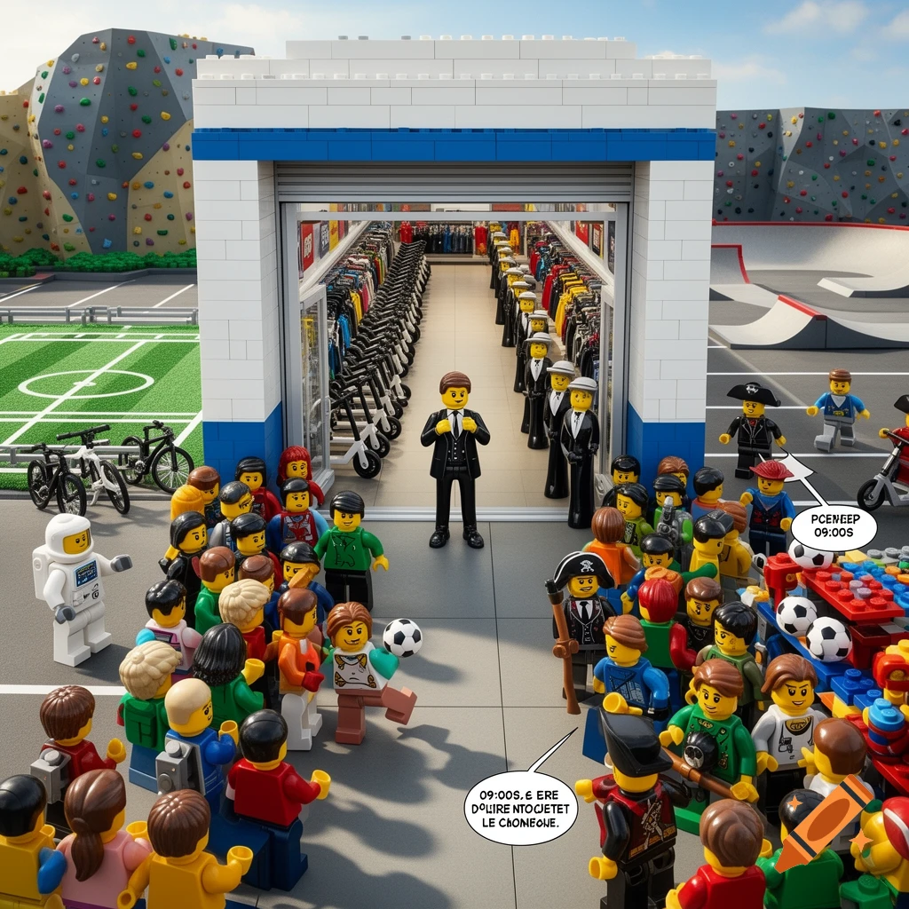 LEGO diorama showing a crowd of minifigures outside a brick-built store with a climbing wall and soccer field in the background.