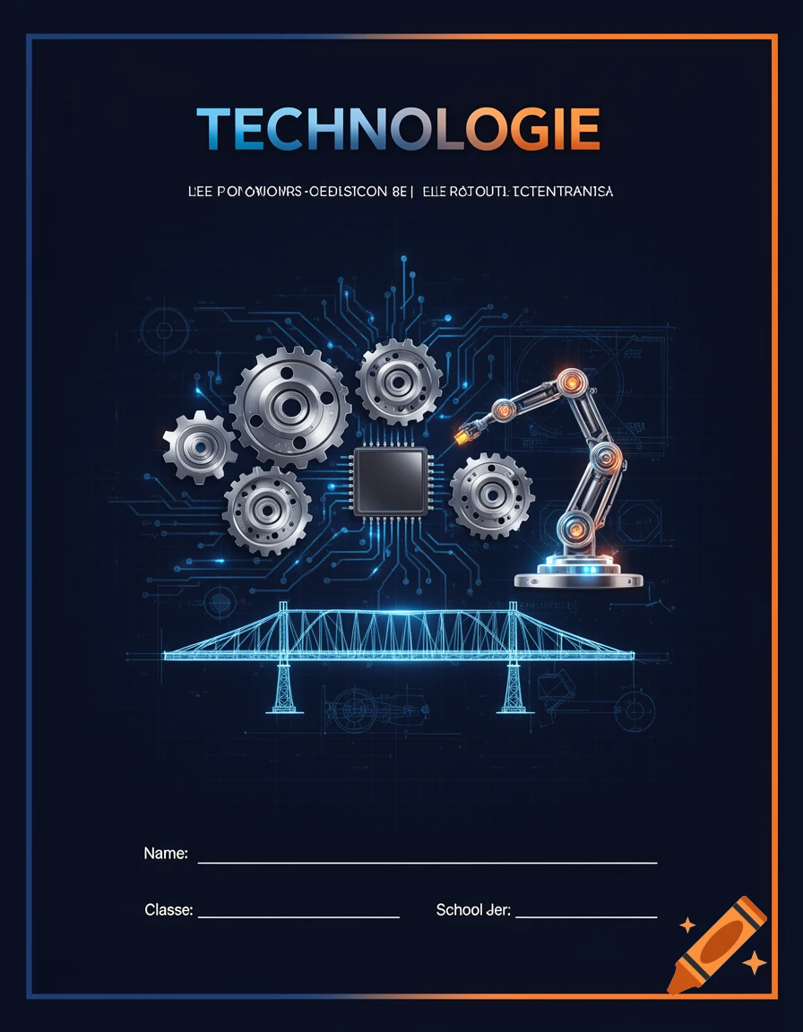 A technology notebook cover with gears, a circuit board, a robotic arm, and a bridge blueprint on a dark blue background.