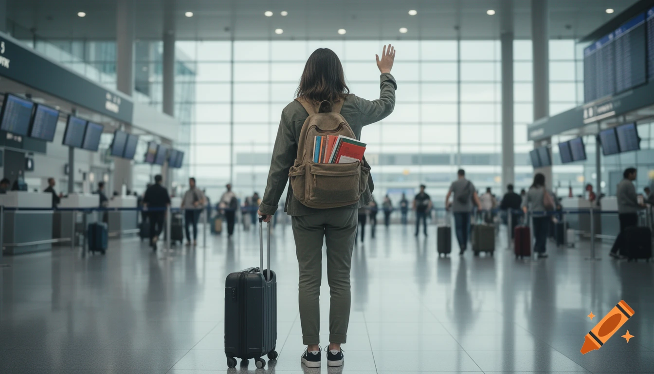 A student with a backpack and suitcase standing in a crowded airport terminal, waving goodbye.