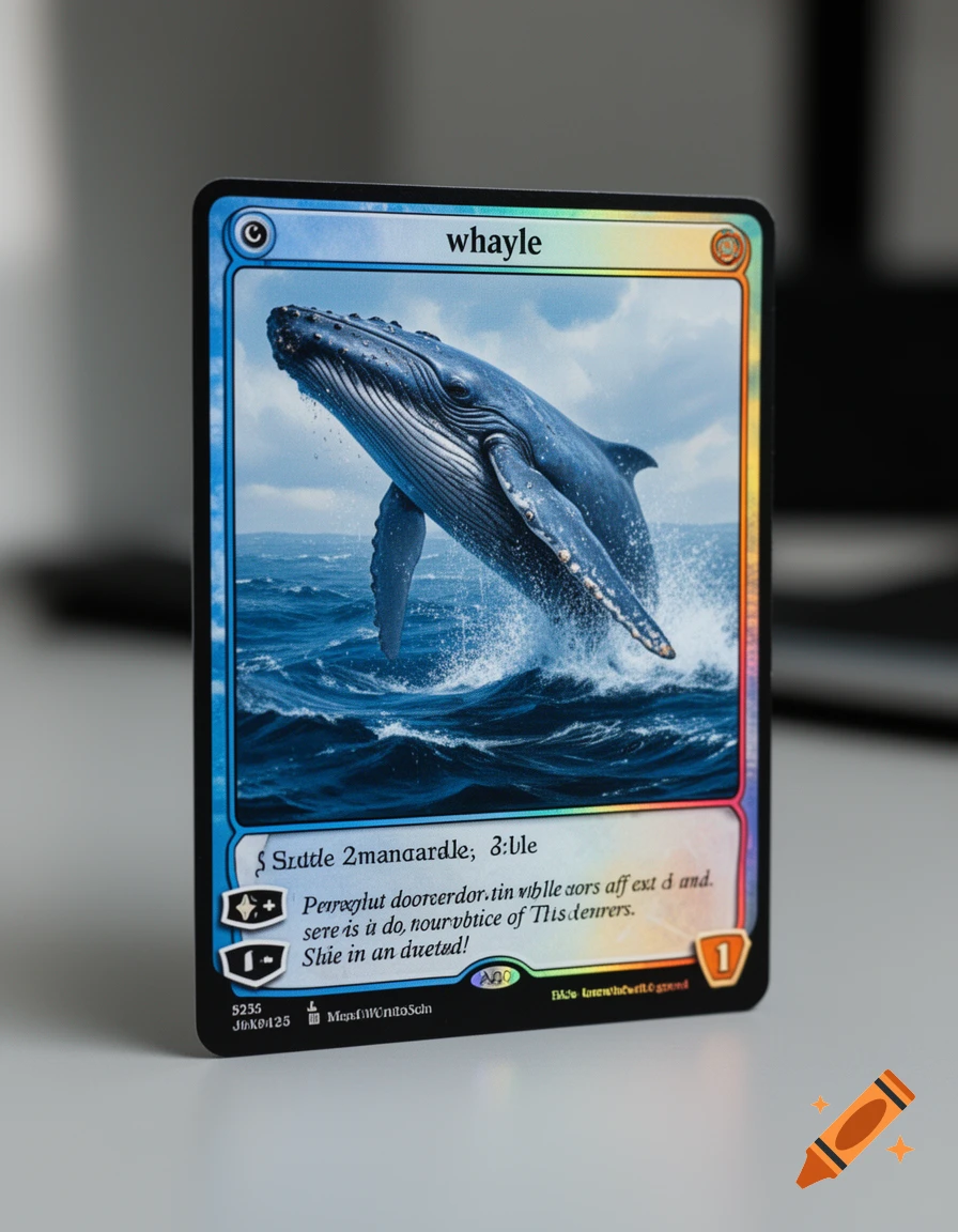 A custom holographic trading card featuring a breaching whale named whayle.
