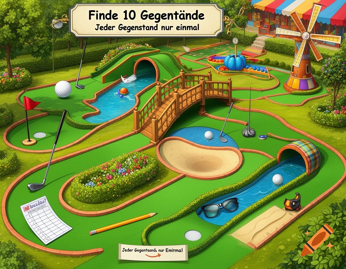 An illustrated minigolf course with various obstacles, a bridge, and a windmill in the background, featuring German text.