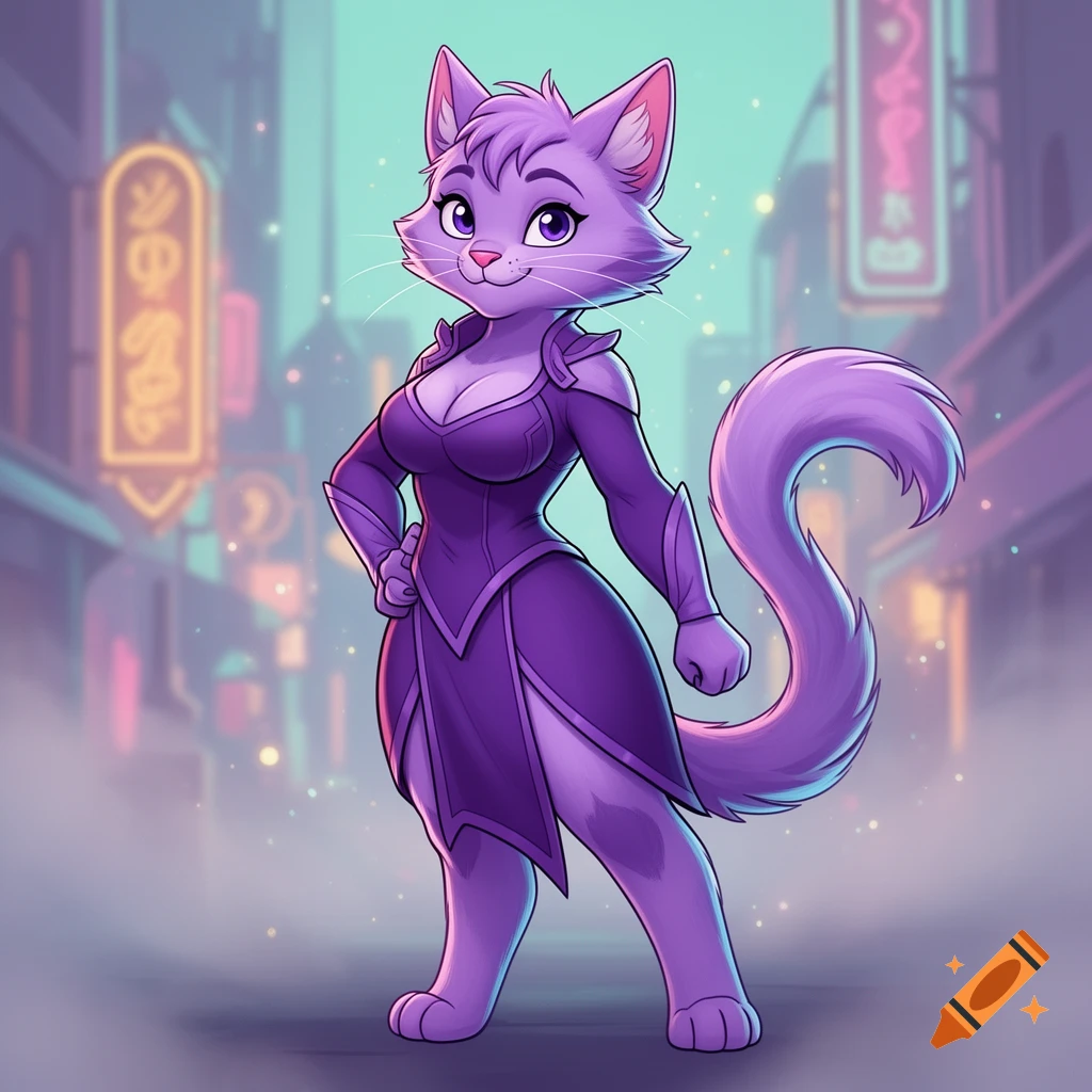 Cartoon illustration of a purple anthropomorphic cat in a fitted purple dress standing on a city street.