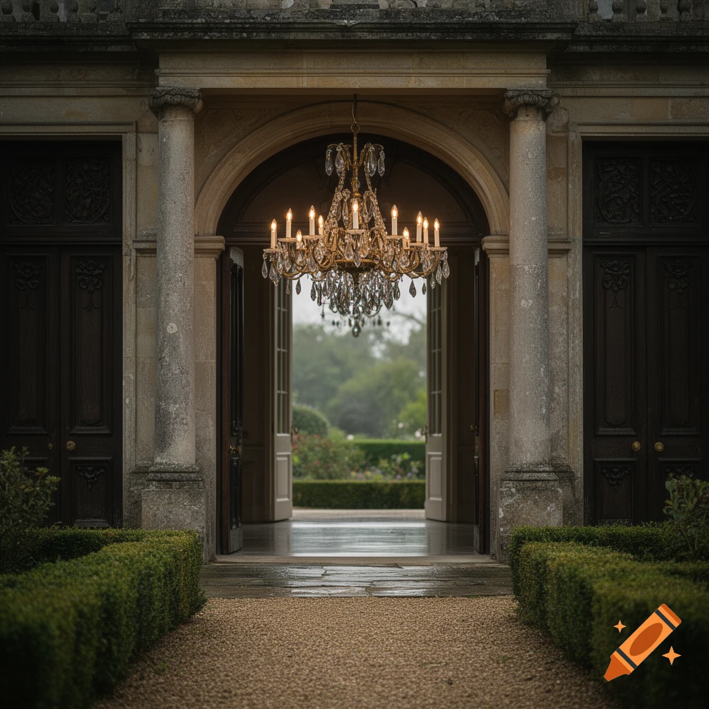 An ornate crystal chandelier hangs under a stone archway in front of open wooden double doors leading to a garden.