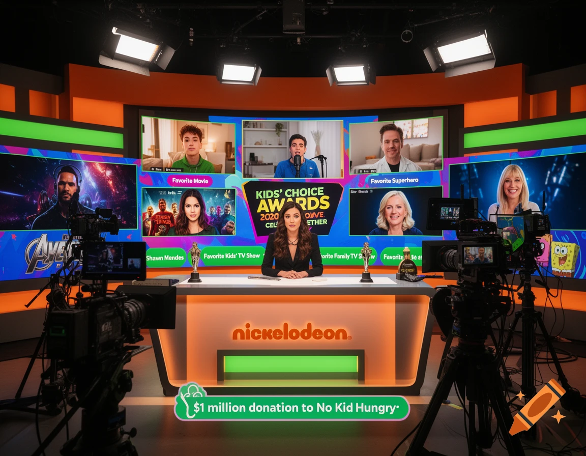 Virtual awards show set with a host at a desk, multiple video screens with celebrity guests, and studio cameras.