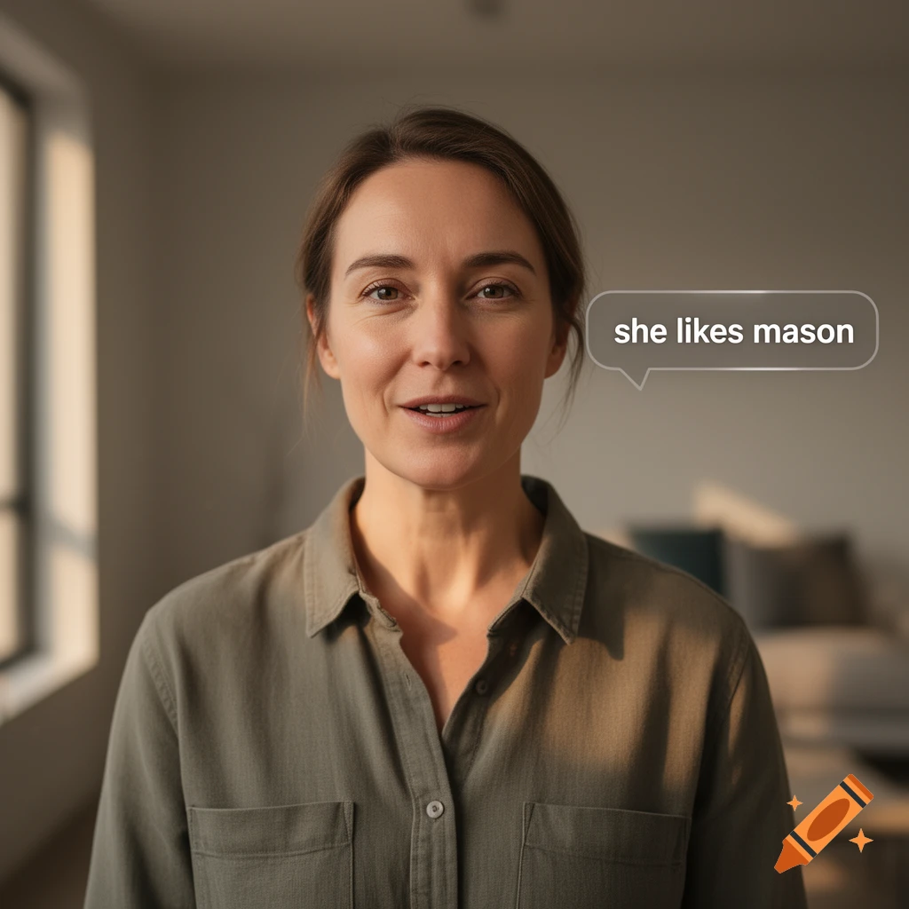 Photorealistic portrait of a woman speaking with a speech bubble that reads 'she likes mason'.