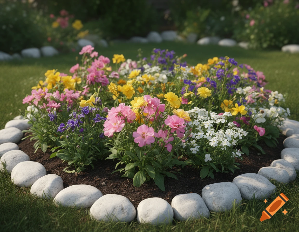A colorful flower bed edged with smooth white stones in a green lawn, photorealistic.