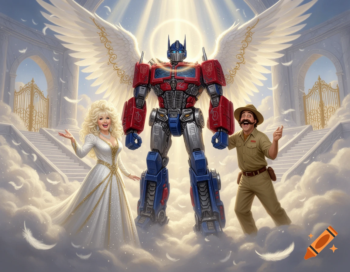 Optimus Prime with angelic wings stands in Heaven alongside Dolly Parton and Nigel Thornberry.