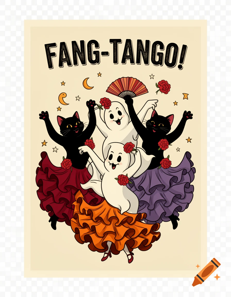 Vintage style illustration of two black cats and two ghosts dancing flamenco with red carnations, text reads FANG-TANGO!
