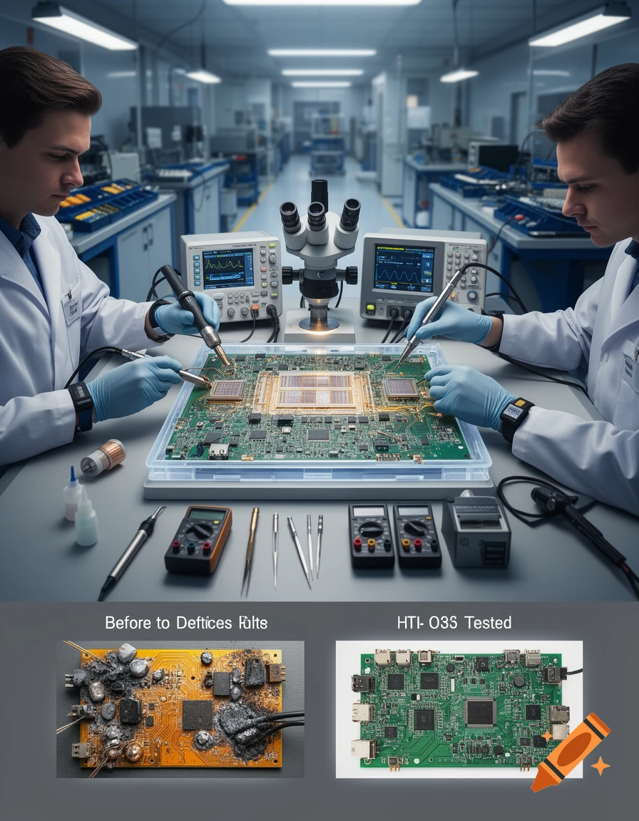 Photorealistic scene of technicians repairing a circuit board in a modern electronics lab.