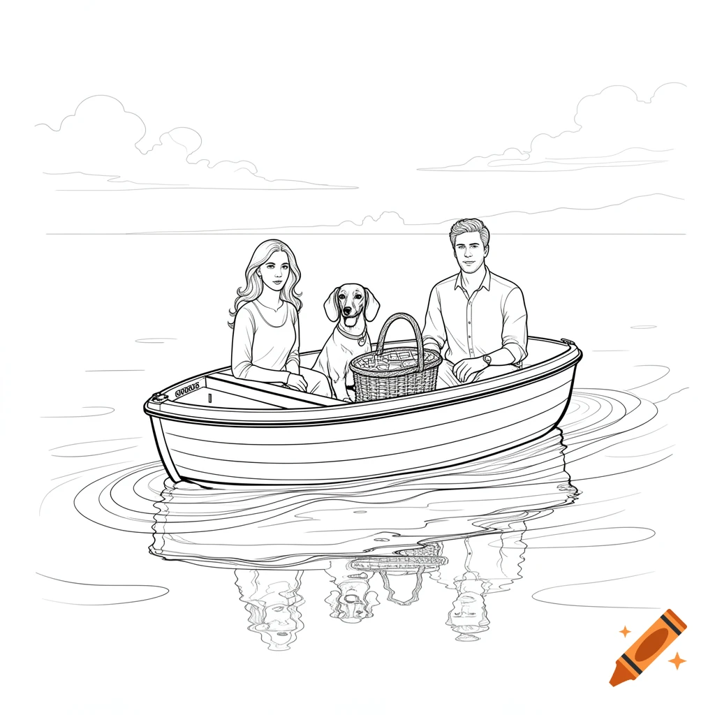Black and white line art drawing of a man, a woman, and a dachshund in a small boat on the water with a picnic basket.
