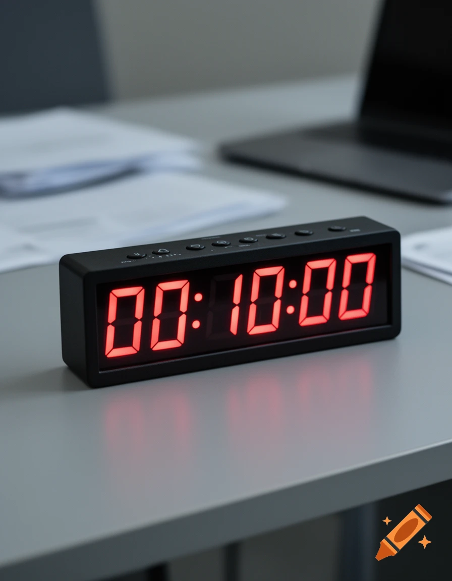 A black digital countdown clock with bright red LED numbers displaying 00:10:00 on a grey desk.