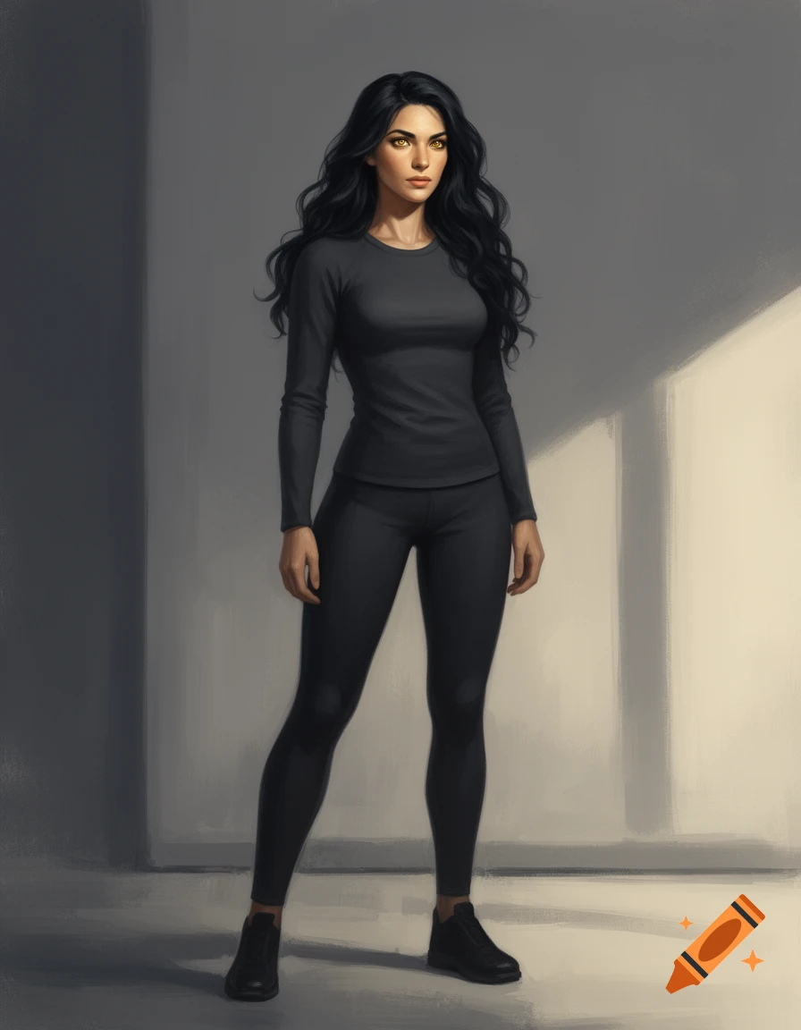 Digital painting of a confident 23-year-old woman with long black hair and golden eyes, wearing a black athletic outfit.