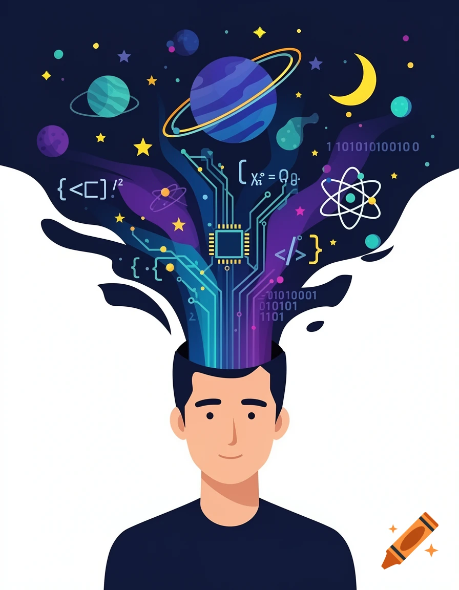 Flat 2D illustration of a man with astronomy science symbols and a computer chip exploding from his head.