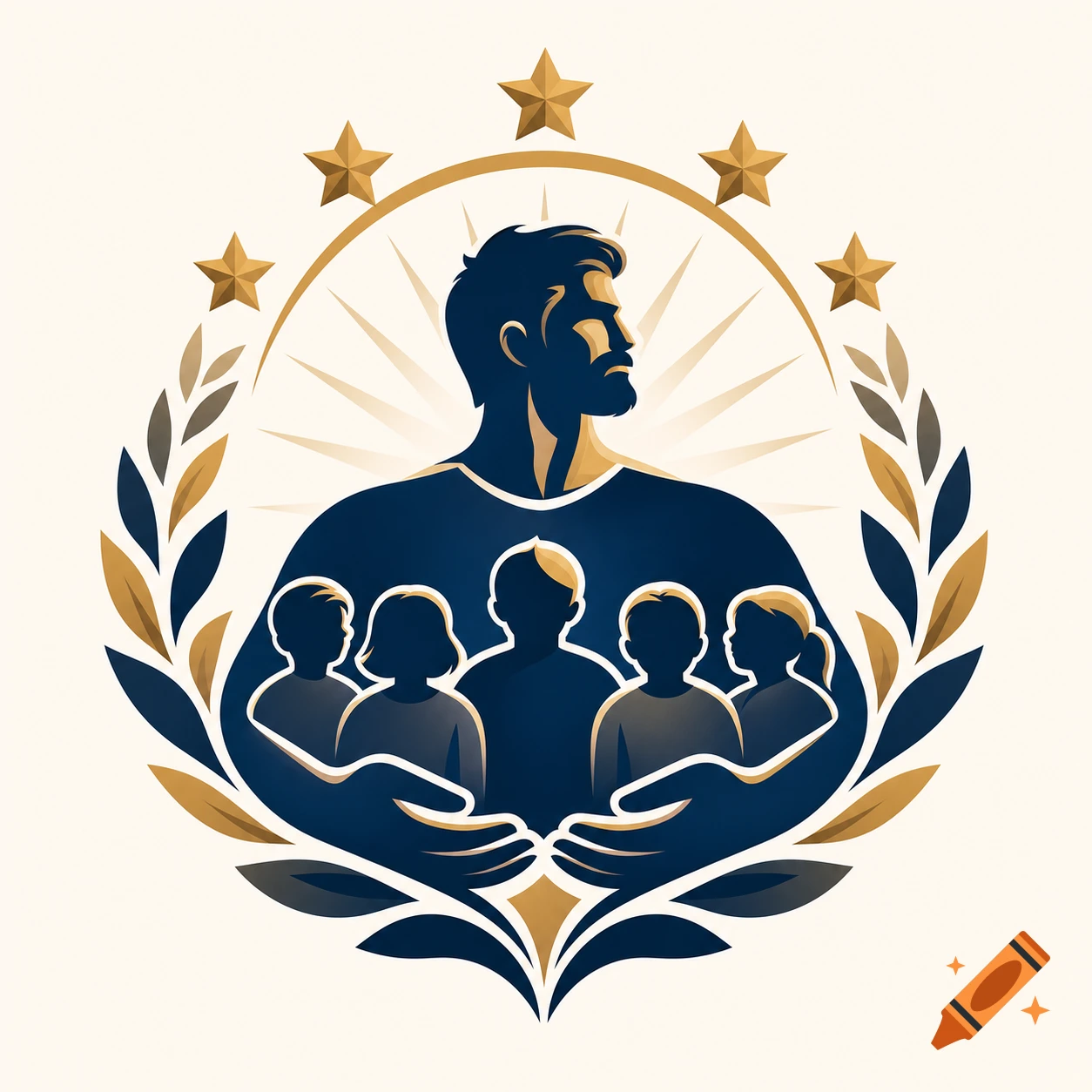 Logo of a father and five children framed by stars and a laurel wreath in a stylized graphic illustration.
