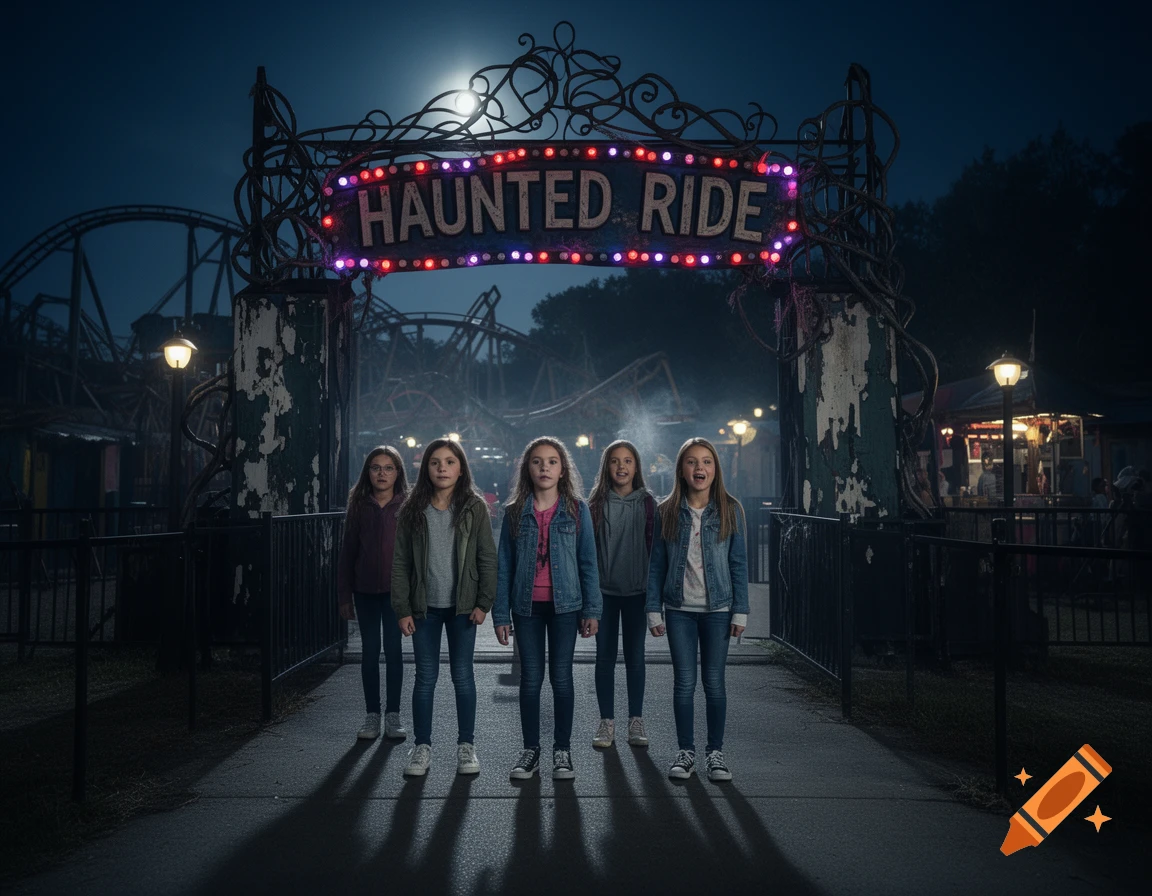 Five young girls standing in a line at night in front of a glowing lit sign reading HAUNTED RIDE, photorealistic.