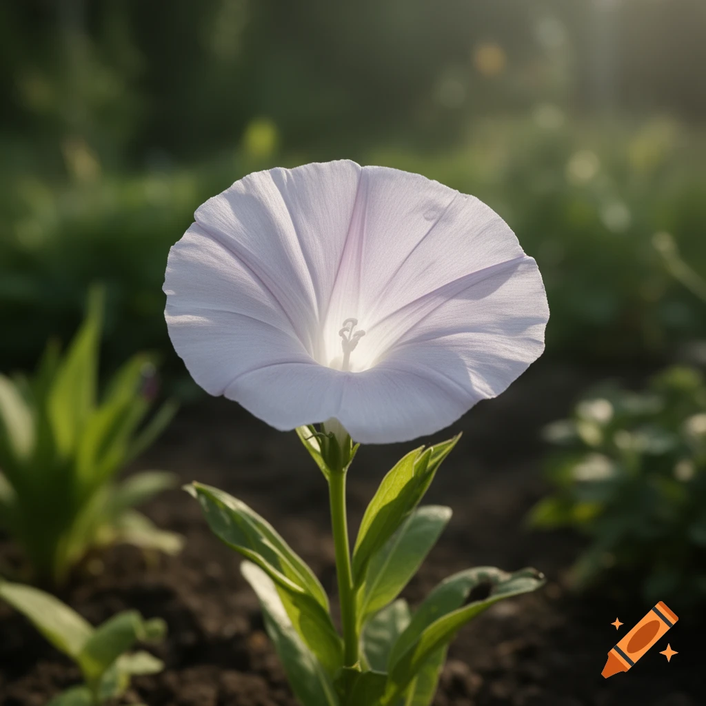 Close-up of a single pale purple morning glory flower blooming on a green stem in soft daylight.