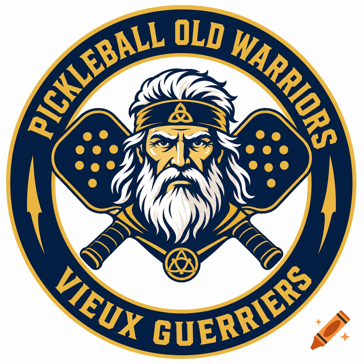 Circular sports logo with an old bearded warrior in a headband, crossed pickleball paddles, and navy and gold colors.