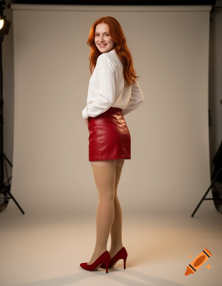 Photorealistic studio portrait of a smiling red-haired woman wearing a white blouse and a red leather mini skirt.