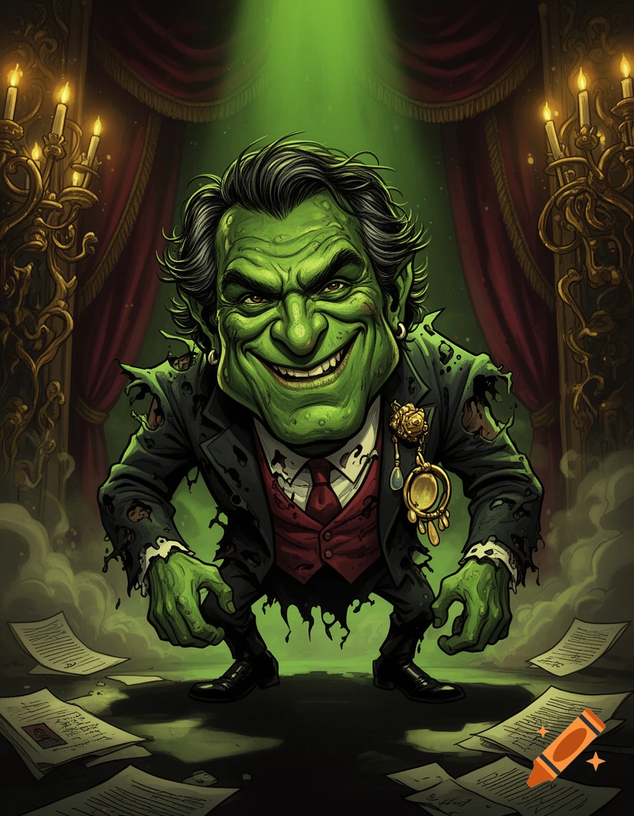 Digital caricature of a man depicted as a green orcish creature wearing a torn suit in a theater setting with scattered papers on the floor.