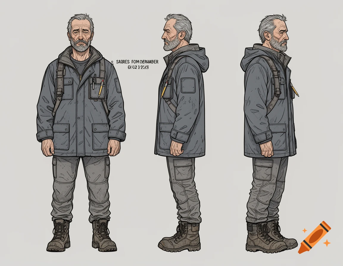 Character design turnaround sheet of a weary 50-year-old space commander in a grey parka, European graphic novel line art style.