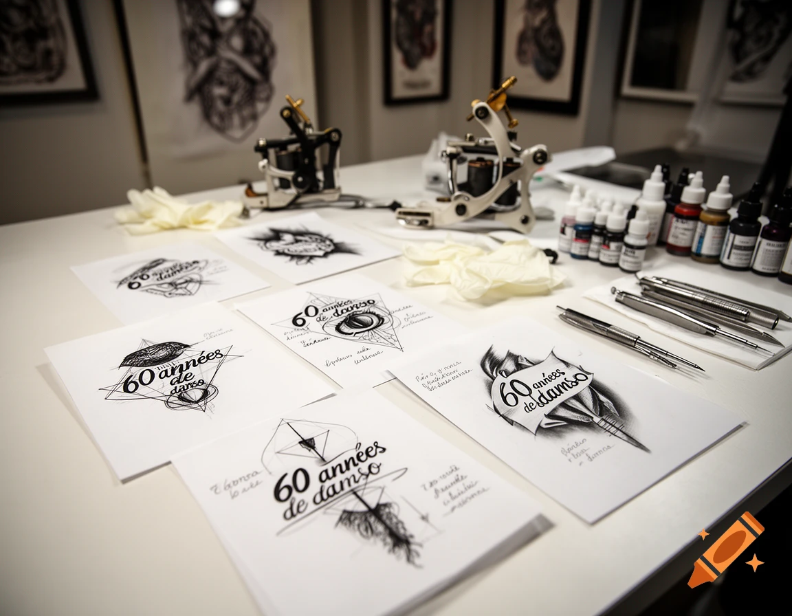 Photorealistic image of a tattoo artist's desk with sketches showing '60 années de damso', tattoo machines, and ink bottles.