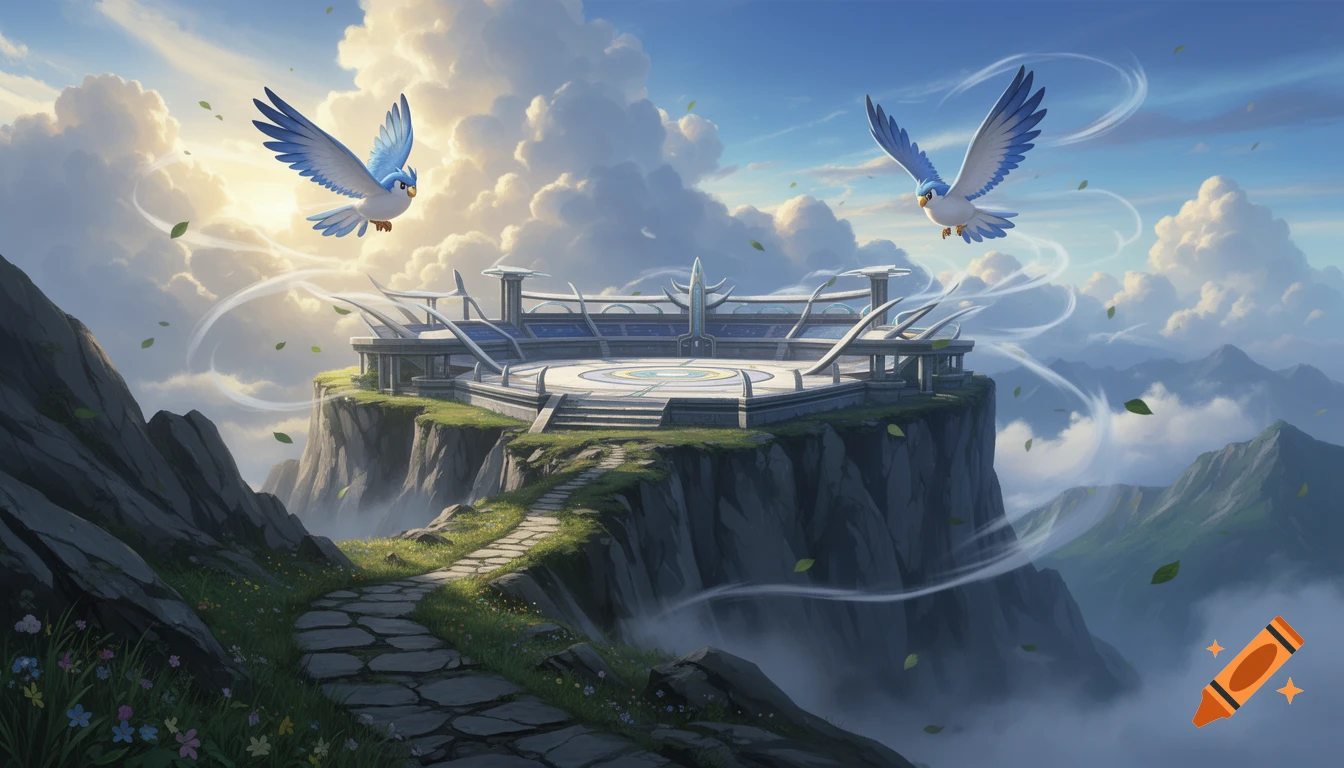 An anime-style illustration of a flying-type Pokémon arena on a mountain cliff with Pidgey and Pidgeotto flying in the sky.