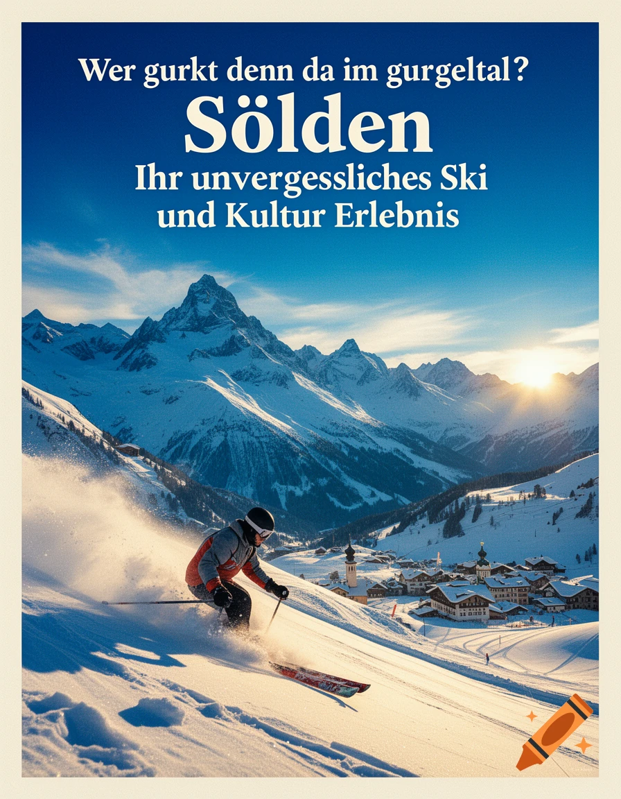 An advertising poster for Sölden showing a skier descending a snowy mountain slope with alpine peaks and a village in the background.