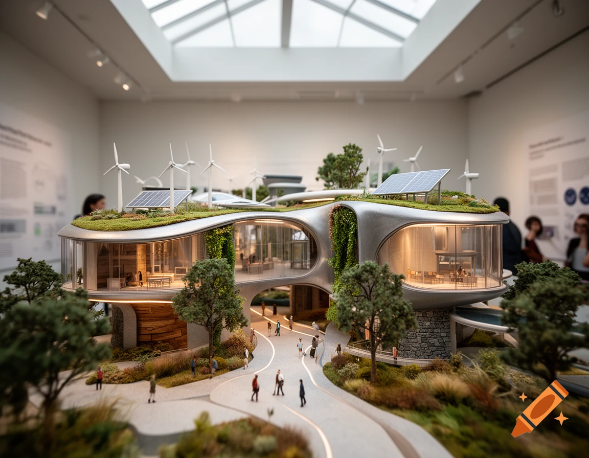 Architectural model of a futuristic eco-friendly building with green roofs and wind turbines inside a museum.
