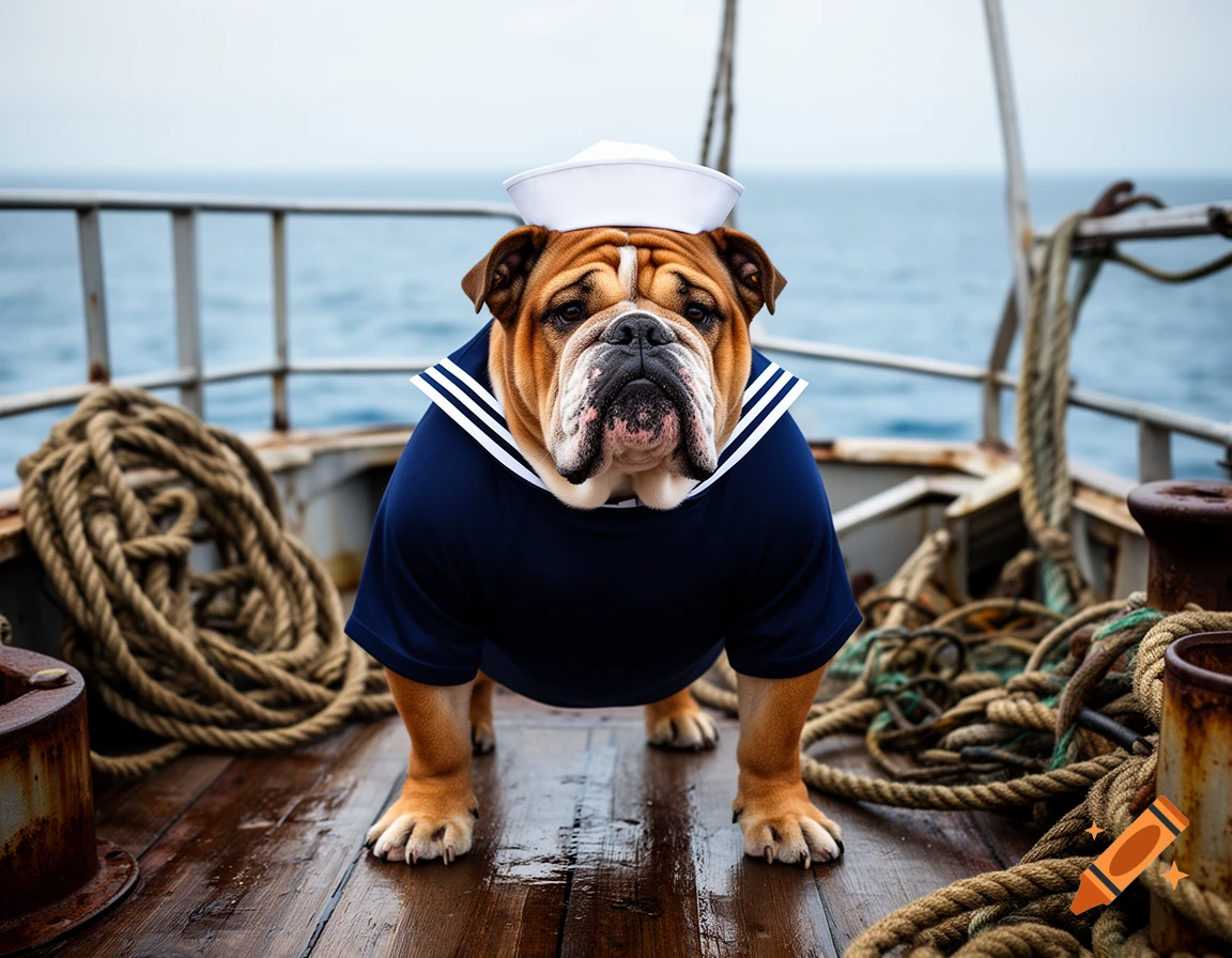 Photorealistic image of an English Bulldog wearing a sailor uniform and hat standing on the deck of a ship.