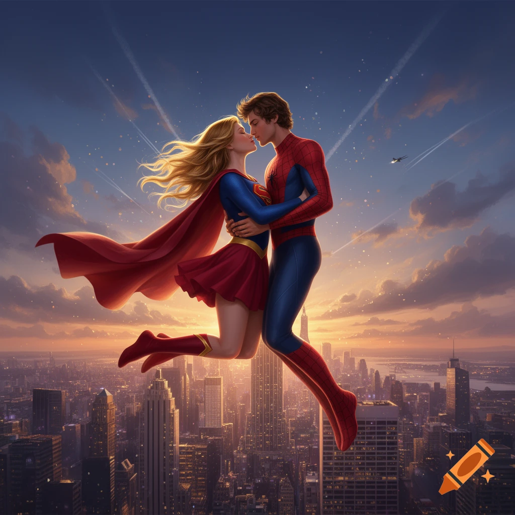 Supergirl and Spider-Man kissing while floating in midair above a city skyline at sunset, digital painting style.