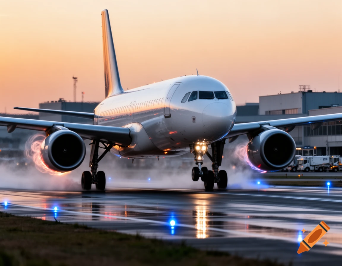 Photorealistic image of a white passenger jet landing on a wet runway at sunset with engine exhaust glow.