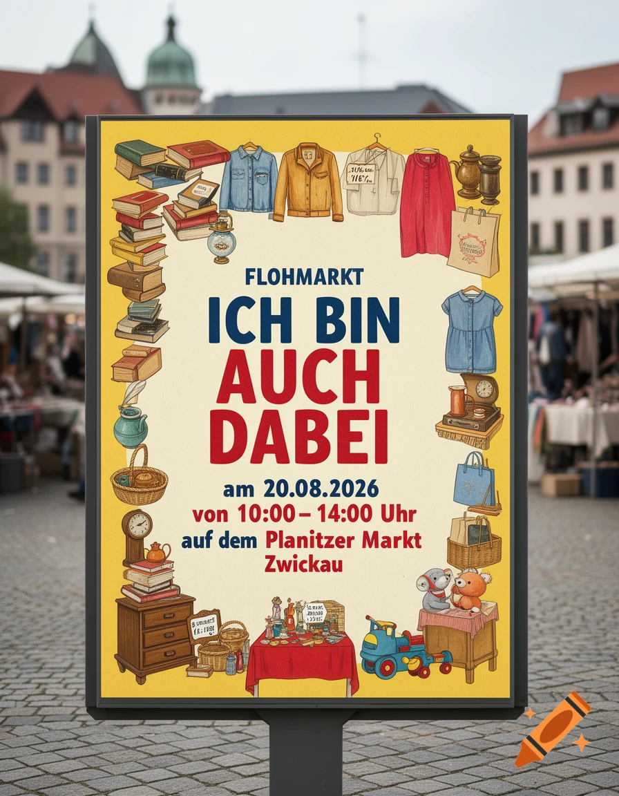 An illustrated advertising poster for a flea market with German text and vintage clothing, books, and objects framing the borders.