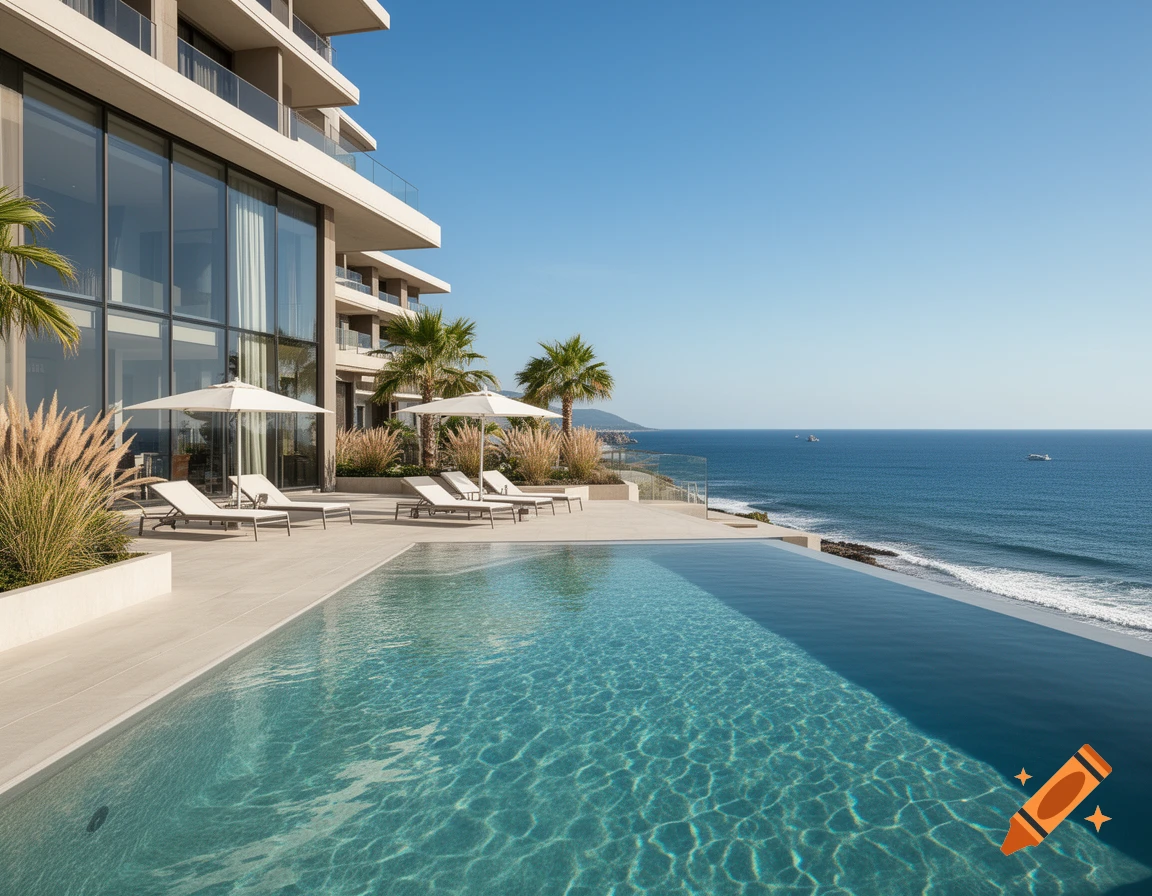 Photorealistic view of a modern luxury hotel with an infinity pool overlooking the ocean.