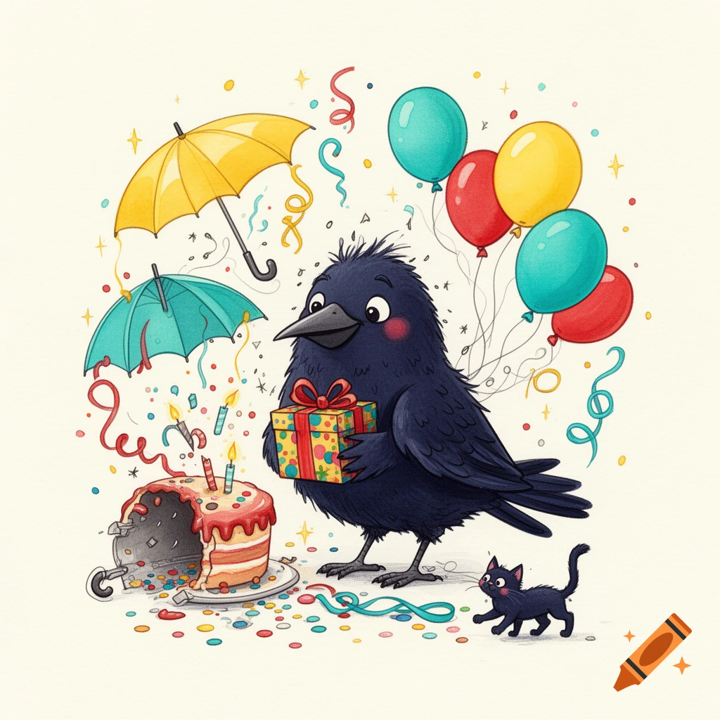 Illustration of a black crow holding a present, next to a ruined cake under an umbrella, surrounded by balloons and confetti, with a small cat nearby.