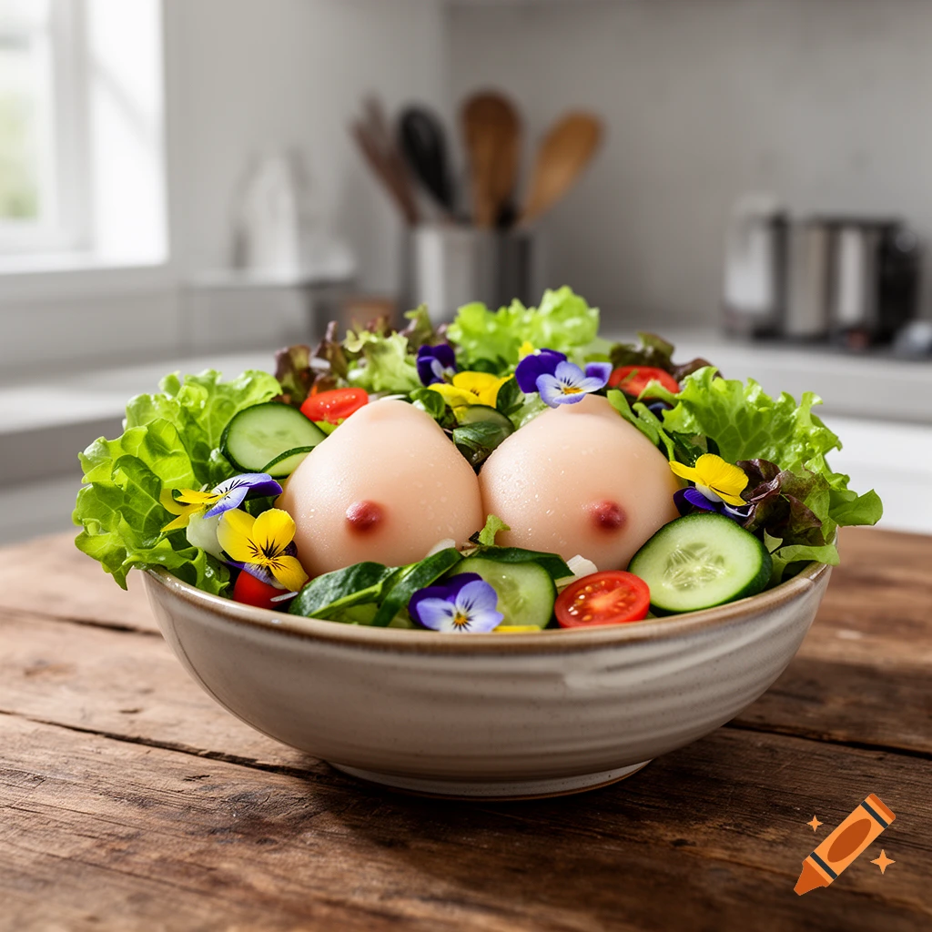 Photorealistic salad bowl containing lettuce, tomatoes, cucumbers, edible flowers, and two breast-shaped objects in a bright kitchen.